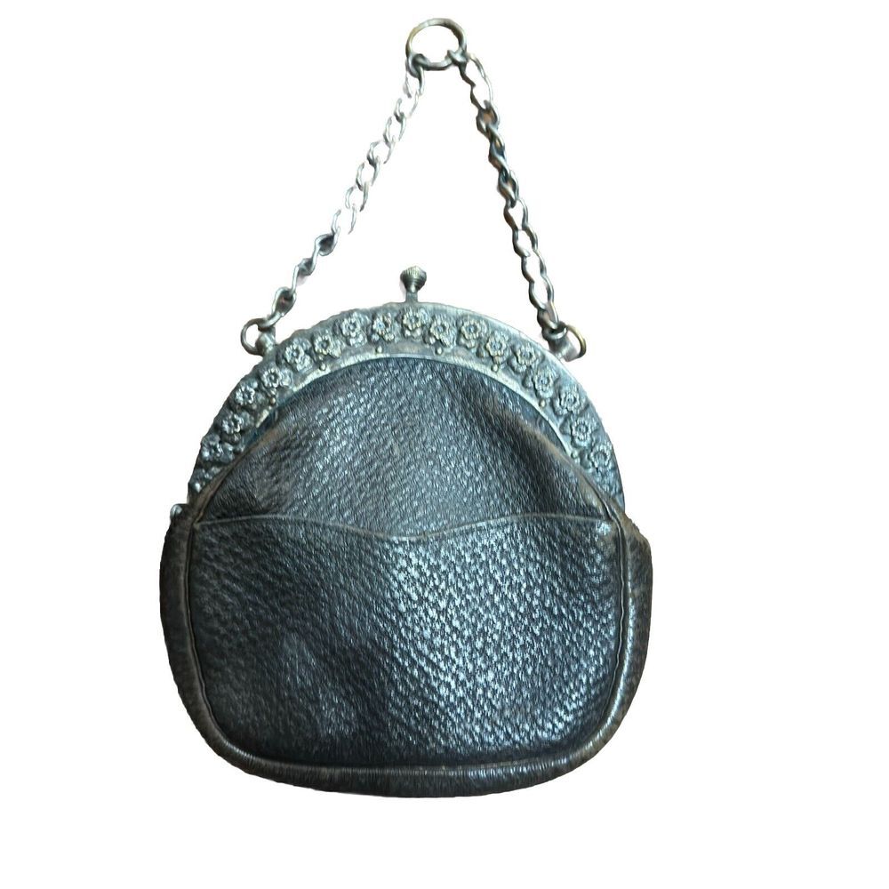 Antique Art Purse Nouveau‎ Black Leather Handbag w/Metal Frame